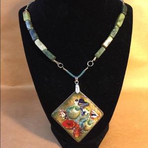 square punched pendant clear w red/green/blue frit